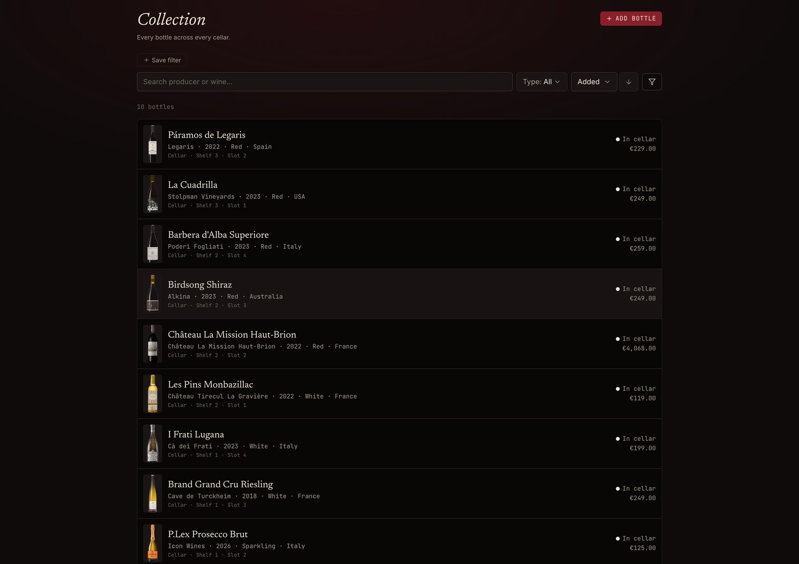 The Vinarium collection list showing every bottle with producer, vintage, price, and drinking status.