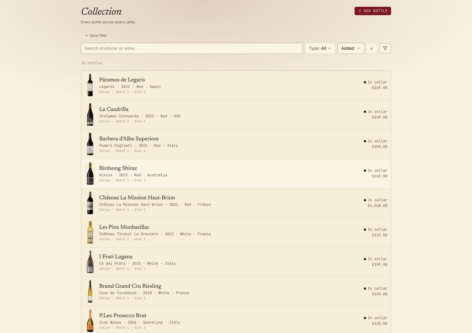 The Vinarium collection list showing every bottle with producer, vintage, price, and drinking status.